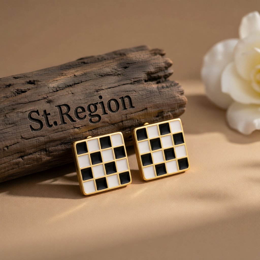Black & White Plaid Square Stud Earrings