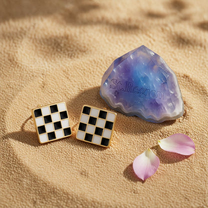 Black & White Plaid Square Stud Earrings