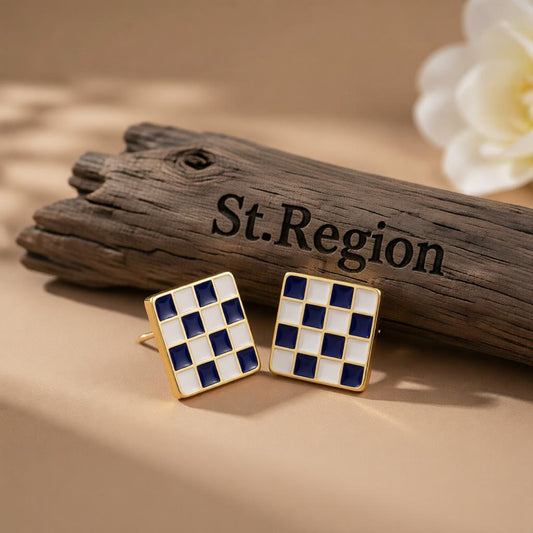 Blue Enamel and 18K Gold-Plated Plaid Square Stud Earrings, cubic zirconia stud earrings for women, front view