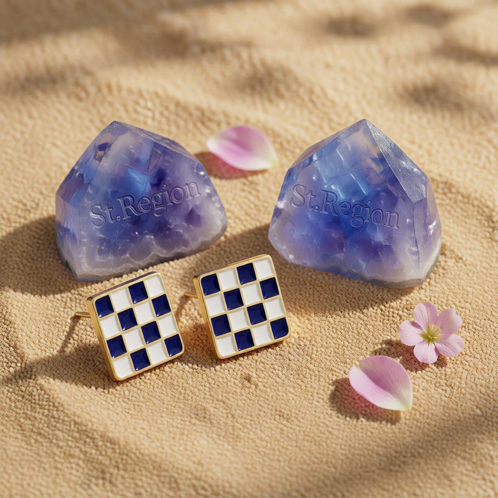 Blue Enamel and 18K Gold-Plated Plaid Square Stud Earrings, cubic zirconia stud earrings for women, detail close-up