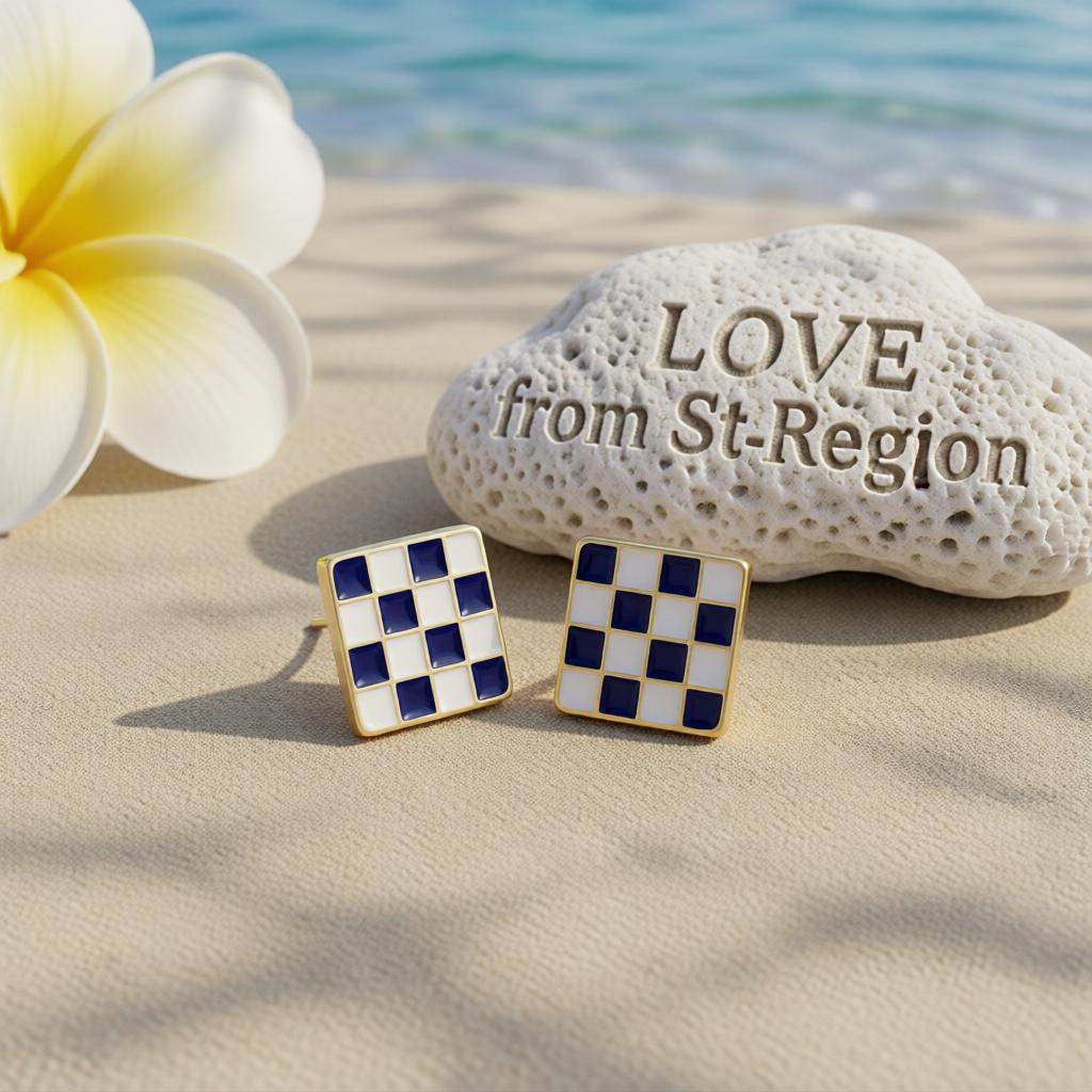 Blue Enamel and 18K Gold-Plated Plaid Square Stud Earrings, cubic zirconia stud earrings for women, lifestyle look
