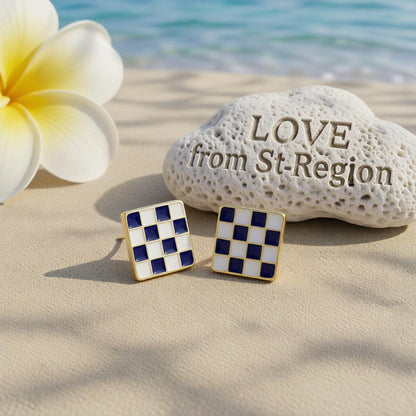 Blue Enamel and 18K Gold-Plated Plaid Square Stud Earrings, cubic zirconia stud earrings for women, lifestyle look