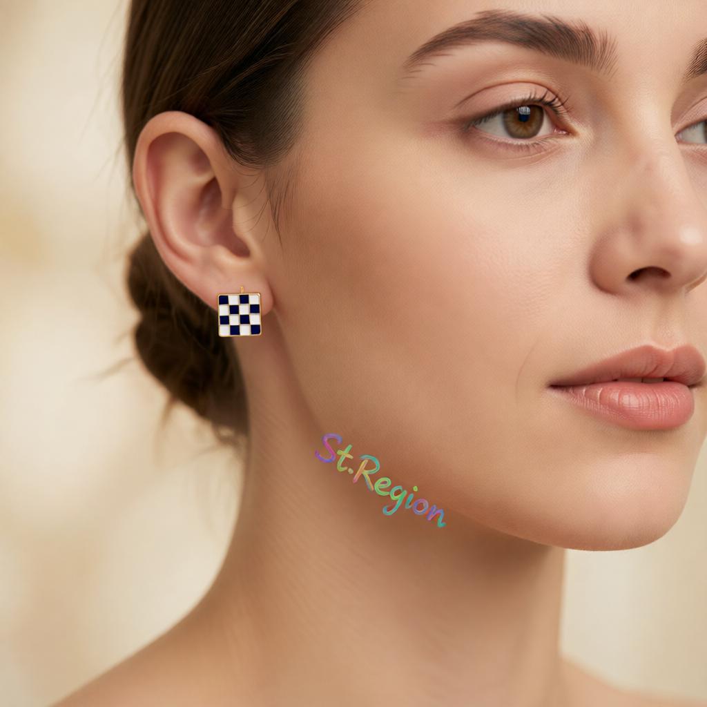 Blue Enamel and 18K Gold-Plated Plaid Square Stud Earrings, cubic zirconia stud earrings for women, styled look