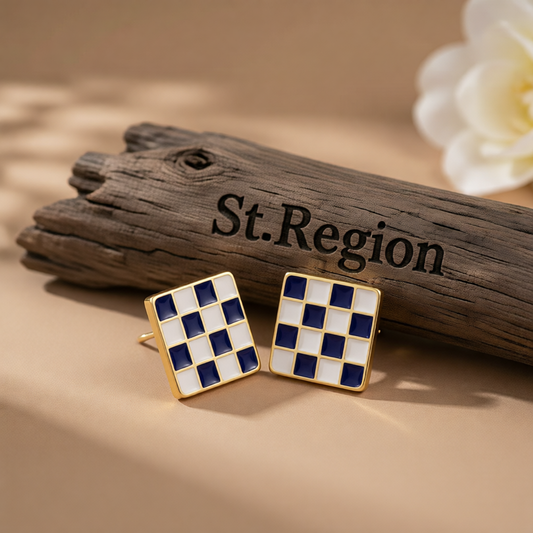 Blue Enamel & 18K Gold-Plated Plaid Square Stud Earrings
