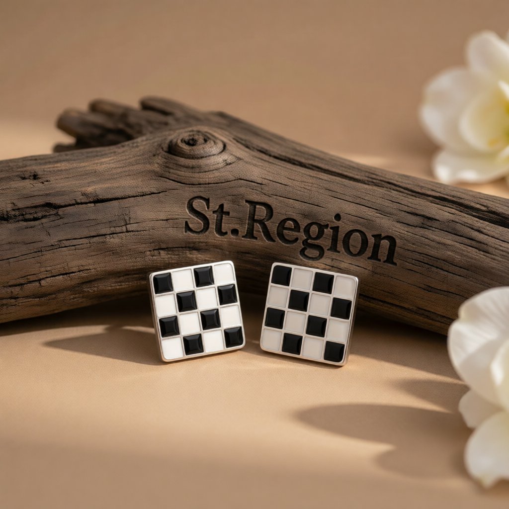 Black and White Plaid Square Stud Earrings, stud earrings for women, botanical inspired, front view