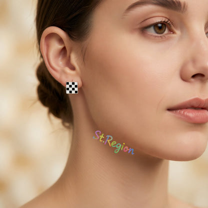 Black and White Plaid Square Stud Earrings, stud earrings for women, botanical inspired, styled look