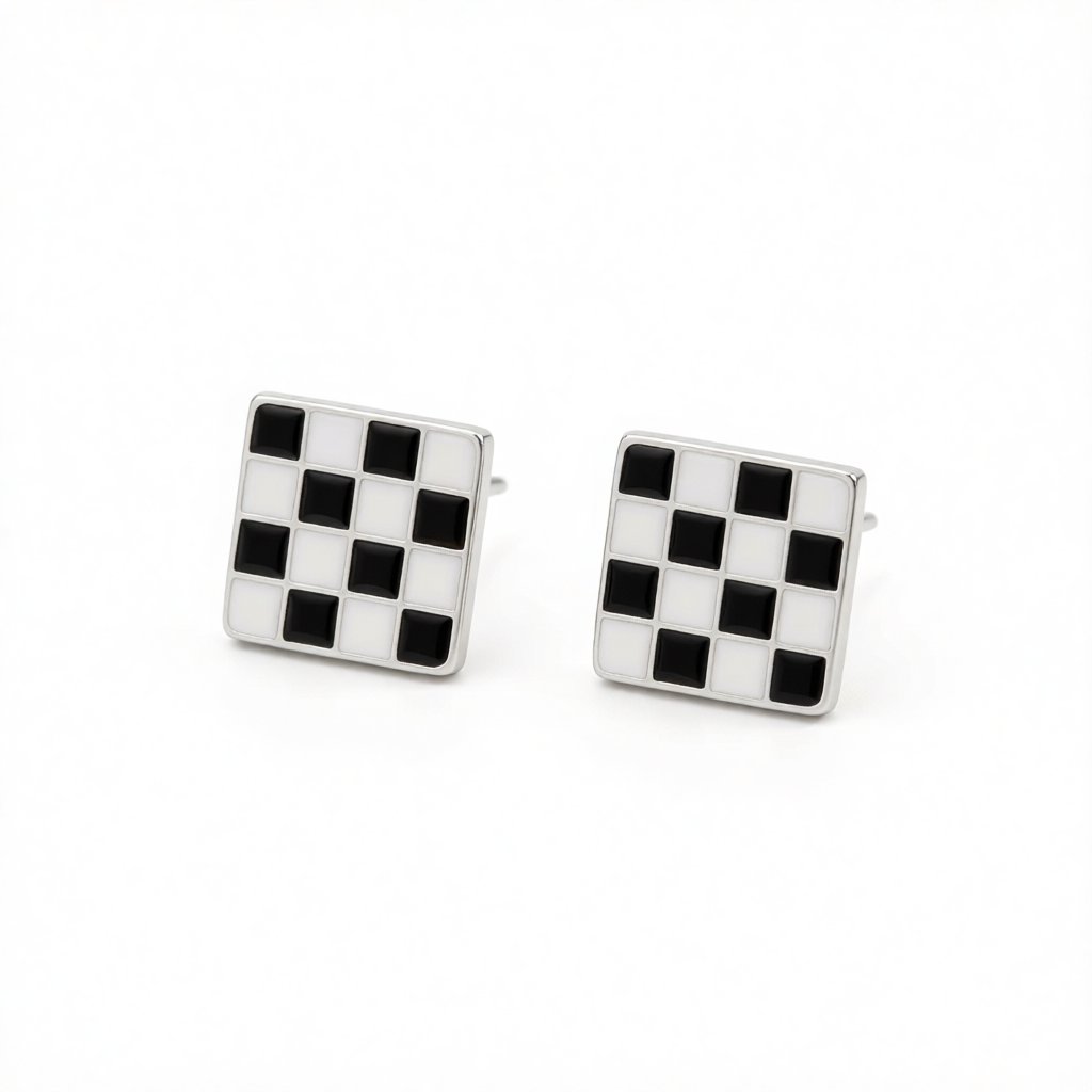 Black and White Plaid Square Stud Earrings, stud earrings for women, botanical inspired, side view