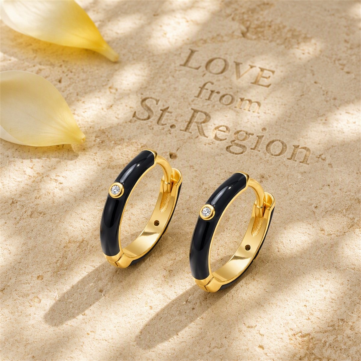 Black Enamel and Cubic Zirconia Round Huggie Earrings, huggie earrings, elegant gift for her, lifestyle look