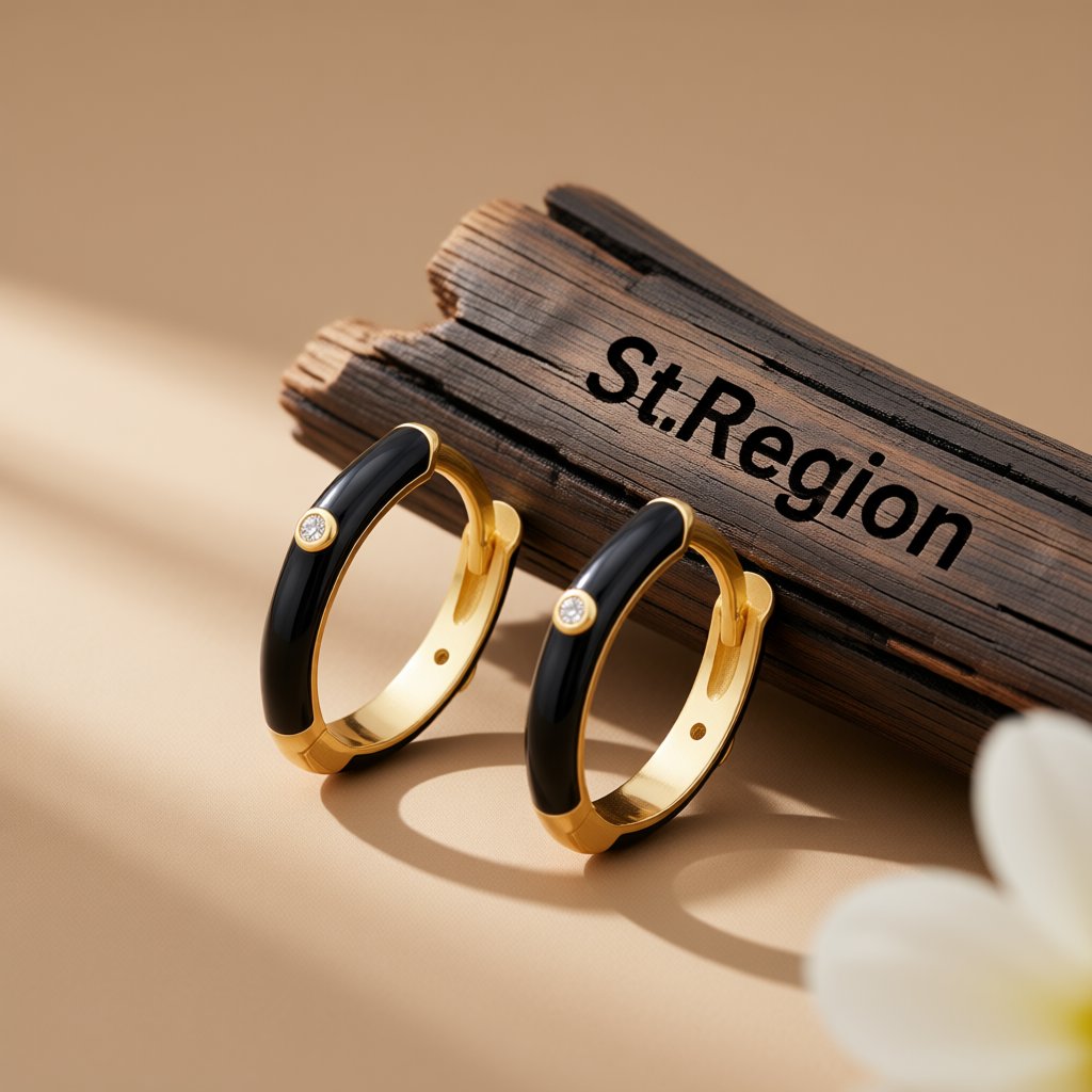 Black Enamel and Cubic Zirconia Round Huggie Earrings, huggie earrings, elegant gift for her, front view
