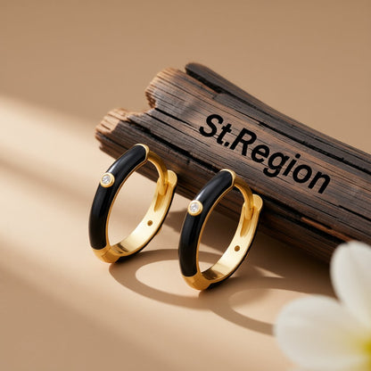 Black Enamel and Cubic Zirconia Round Huggie Earrings, huggie earrings, elegant gift for her, front view