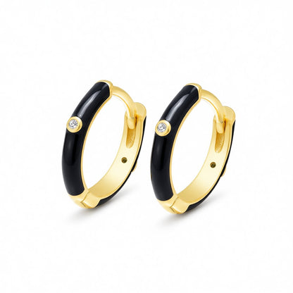 Black Enamel and Cubic Zirconia Round Huggie Earrings, huggie earrings, elegant gift for her, side view