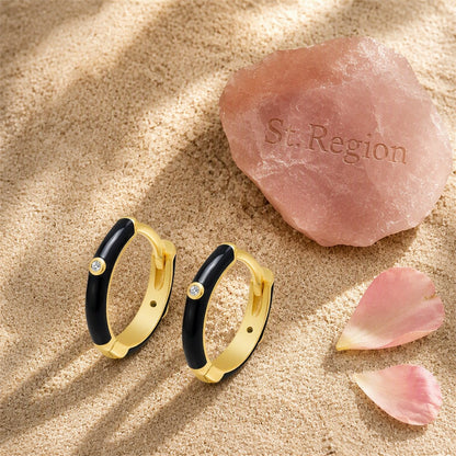 Black Enamel and Cubic Zirconia Round Huggie Earrings, huggie earrings, elegant gift for her, detail close-up