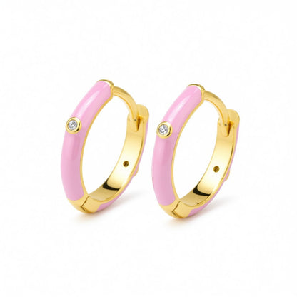 Pink and Cubic Zirconia Huggie Earrings, huggie earrings, dainty minimalist design, side view