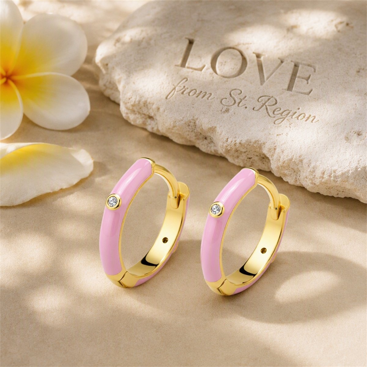 Pink and Cubic Zirconia Huggie Earrings, huggie earrings, dainty minimalist design, lifestyle look