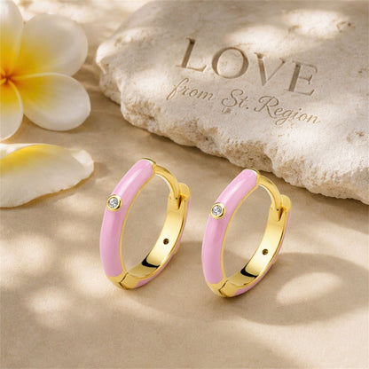 Pink and Cubic Zirconia Huggie Earrings, huggie earrings, dainty minimalist design, lifestyle look