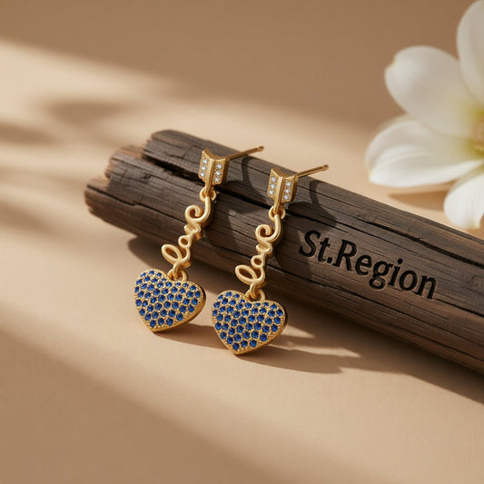 Blue Cubic Zirconia and 18K Gold-Plated 'LOVE' Heart Drop Earrings, gold drop earrings for women, everyday style, front view