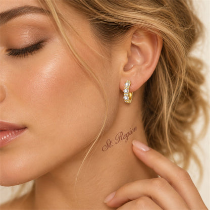 Crystal and Cubic Zirconia 18K Gold-Plated Huggie Earrings, gold huggie earrings, elegant gift for her, styled look
