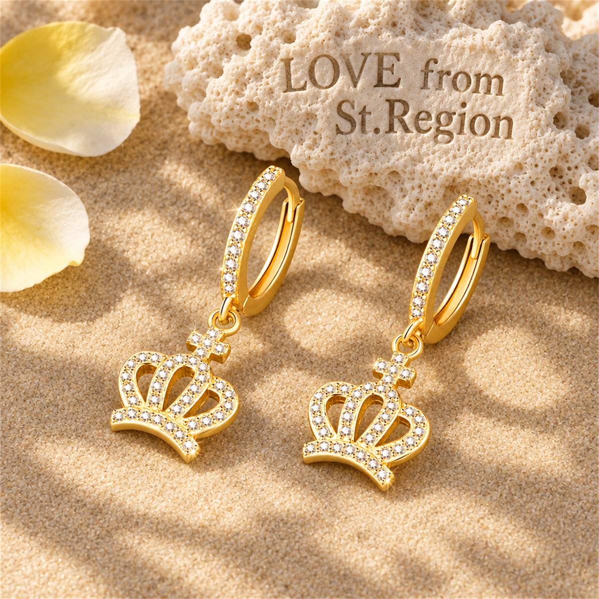 Cubic Zirconia and 18K Gold-Plated Crown Huggie Earrings, gold huggie earrings, botanical inspired, lifestyle look