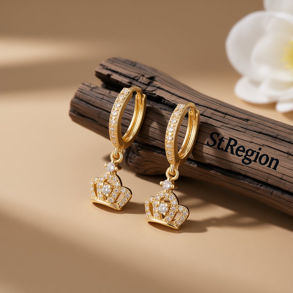 Cubic Zirconia and 18K Gold-Plated Crown Huggie Earrings, gold huggie earrings, botanical inspired, front view
