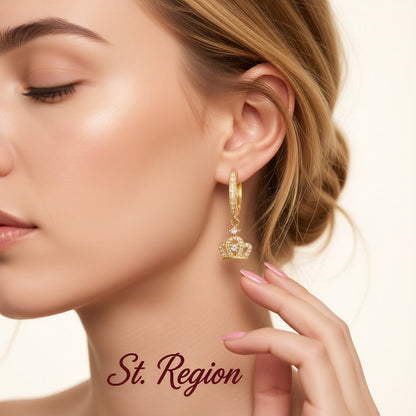 Cubic Zirconia and 18K Gold-Plated Crown Huggie Earrings, gold huggie earrings, botanical inspired, styled look