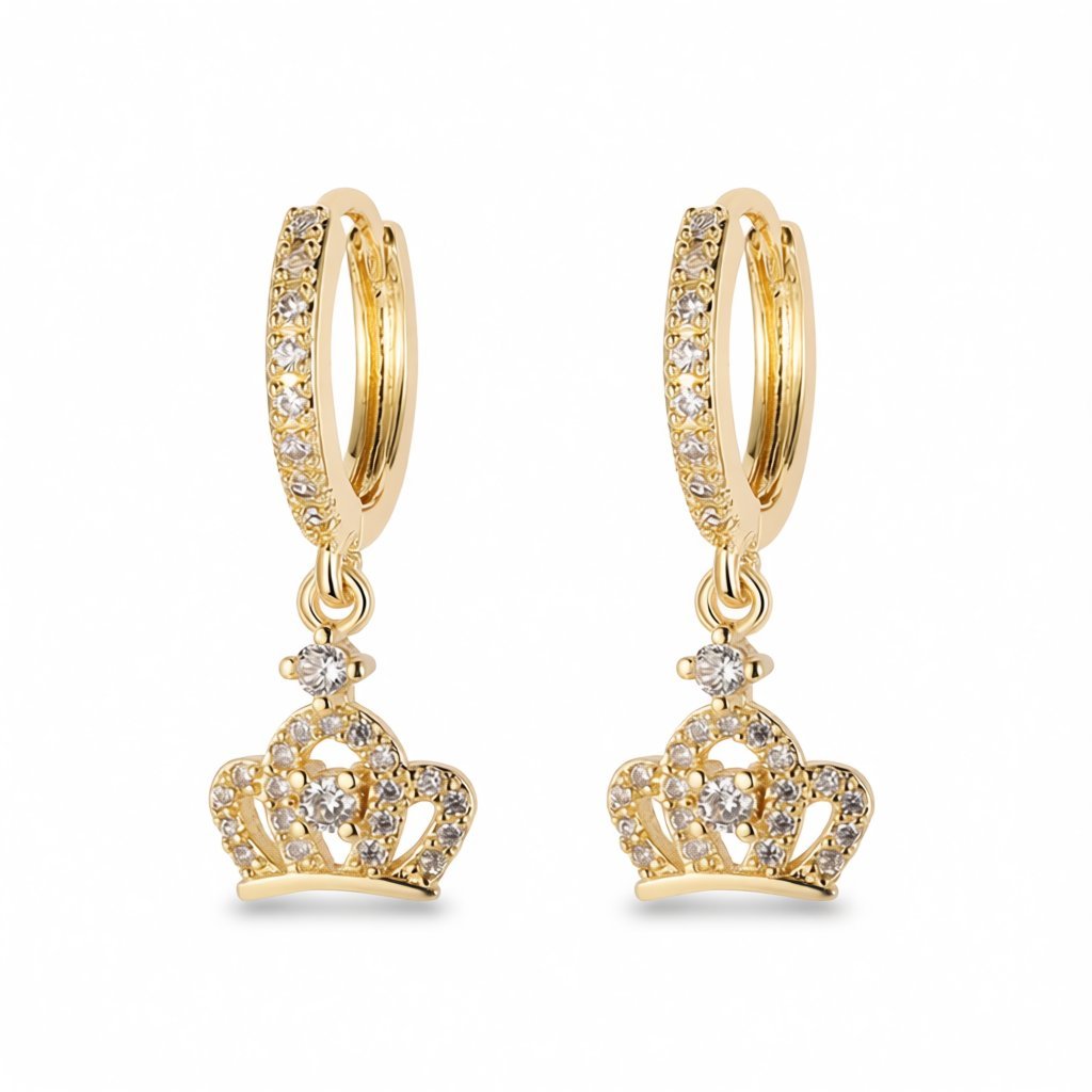 Cubic Zirconia and 18K Gold-Plated Crown Huggie Earrings, gold huggie earrings, botanical inspired, side view