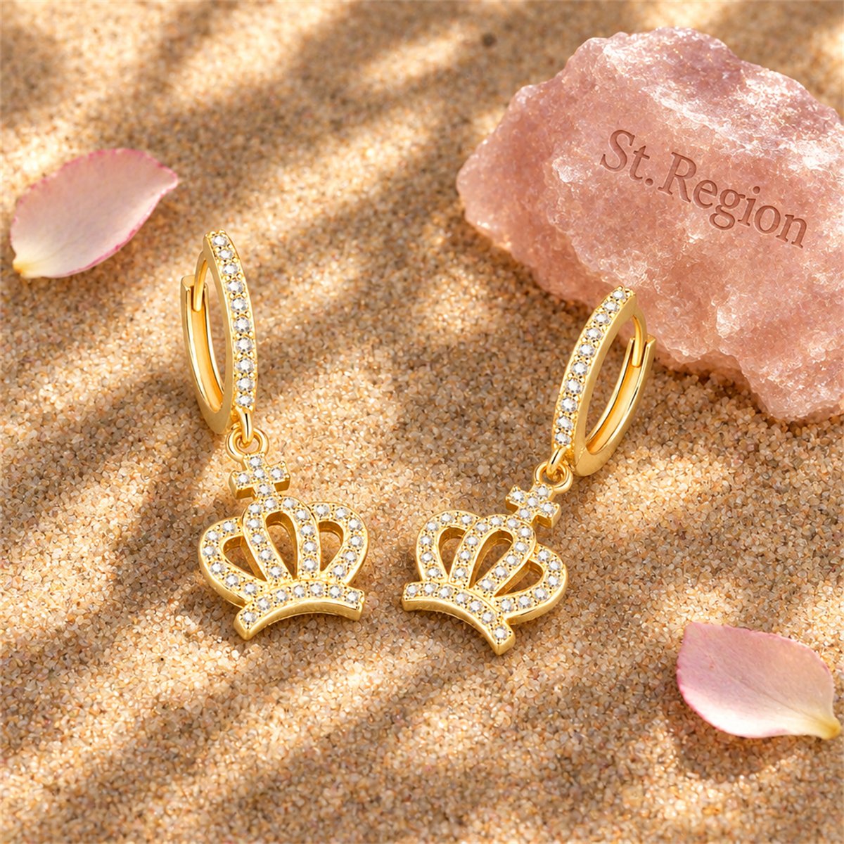 Cubic Zirconia and 18K Gold-Plated Crown Huggie Earrings, gold huggie earrings, botanical inspired, detail close-up