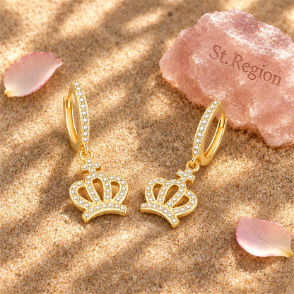 Cubic Zirconia and 18K Gold-Plated Crown Huggie Earrings, gold huggie earrings, botanical inspired, detail close-up