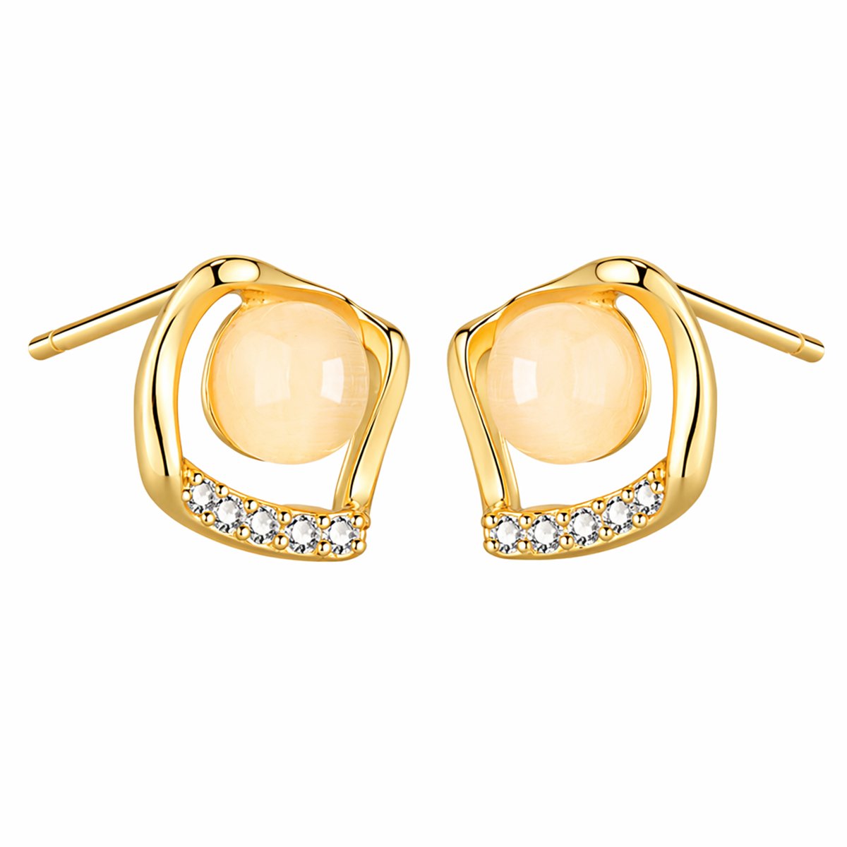 18K Gold-Plated Cats Eye and Cubic Zirconia Rhombus Stud Earrings, gold stud earrings for women, side view