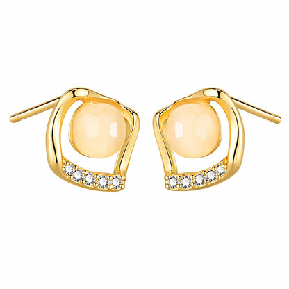 18K Gold-Plated Cats Eye and Cubic Zirconia Rhombus Stud Earrings, gold stud earrings for women, side view