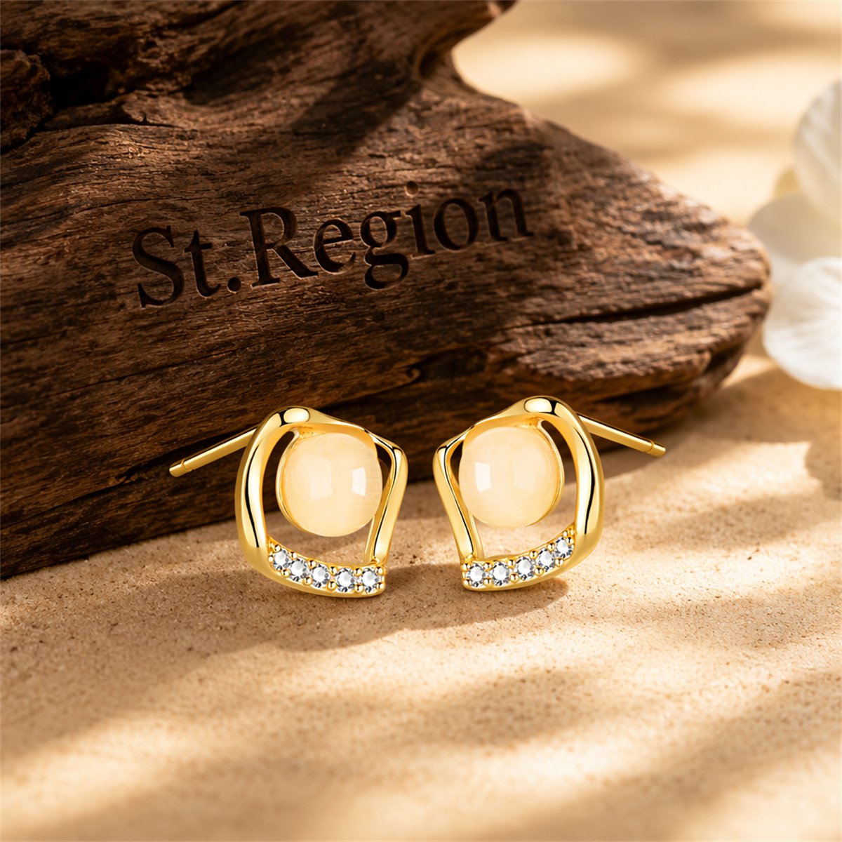 18K Gold-Plated Cats Eye and Cubic Zirconia Rhombus Stud Earrings, gold stud earrings for women, front view
