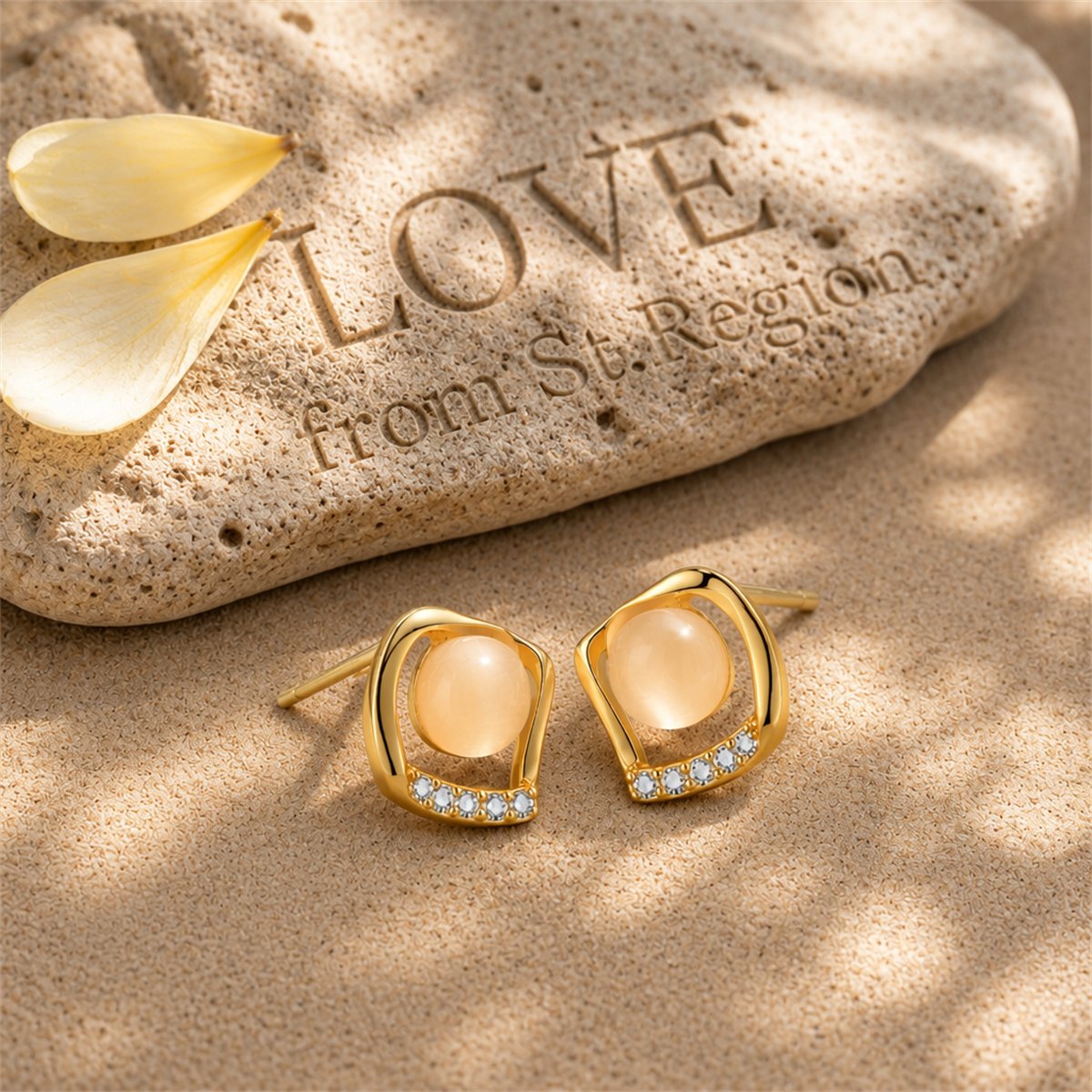 18K Gold-Plated Cats Eye and Cubic Zirconia Rhombus Stud Earrings, gold stud earrings for women, lifestyle look