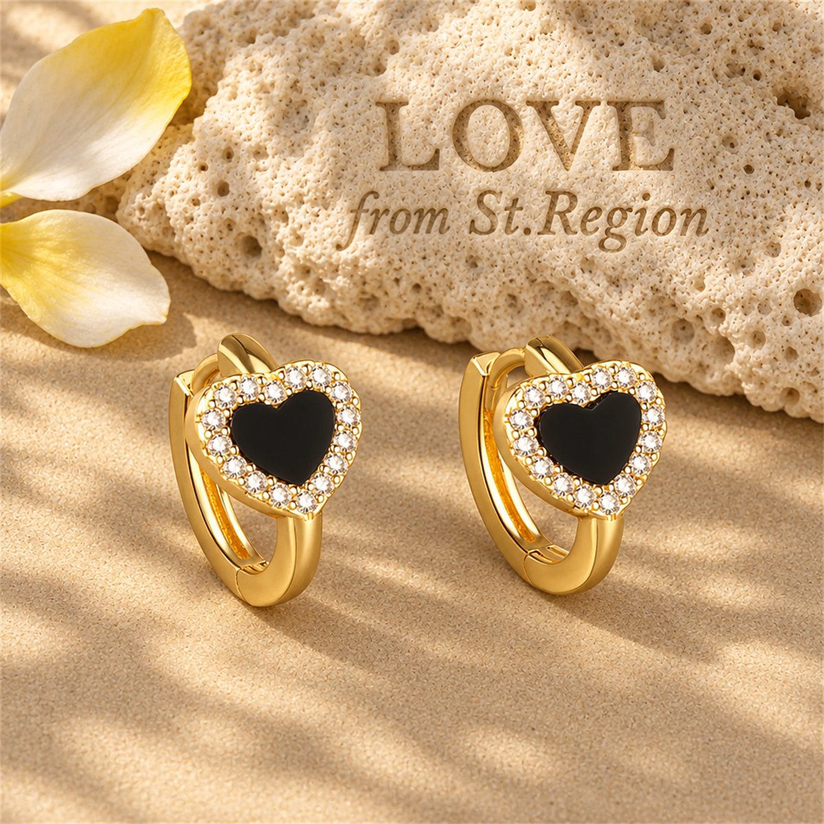 Black Acrylic and Cubic Zirconia 18K Gold-Plated Heart Halo Huggie Earrings, gold huggie earrings, lifestyle look