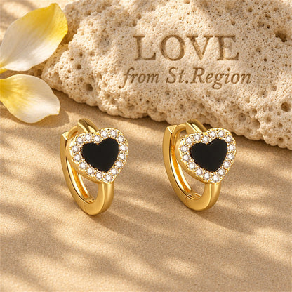 Black Acrylic and Cubic Zirconia 18K Gold-Plated Heart Halo Huggie Earrings, gold huggie earrings, lifestyle look