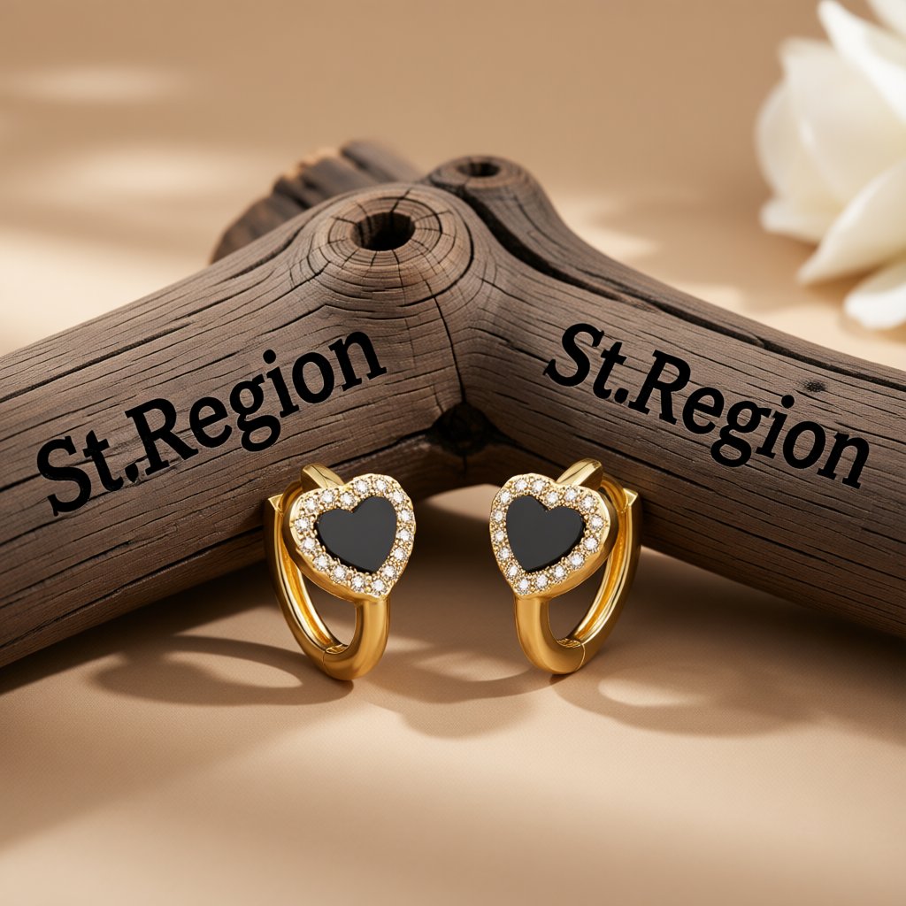 Black Acrylic and Cubic Zirconia 18K Gold-Plated Heart Halo Huggie Earrings, gold huggie earrings, front view