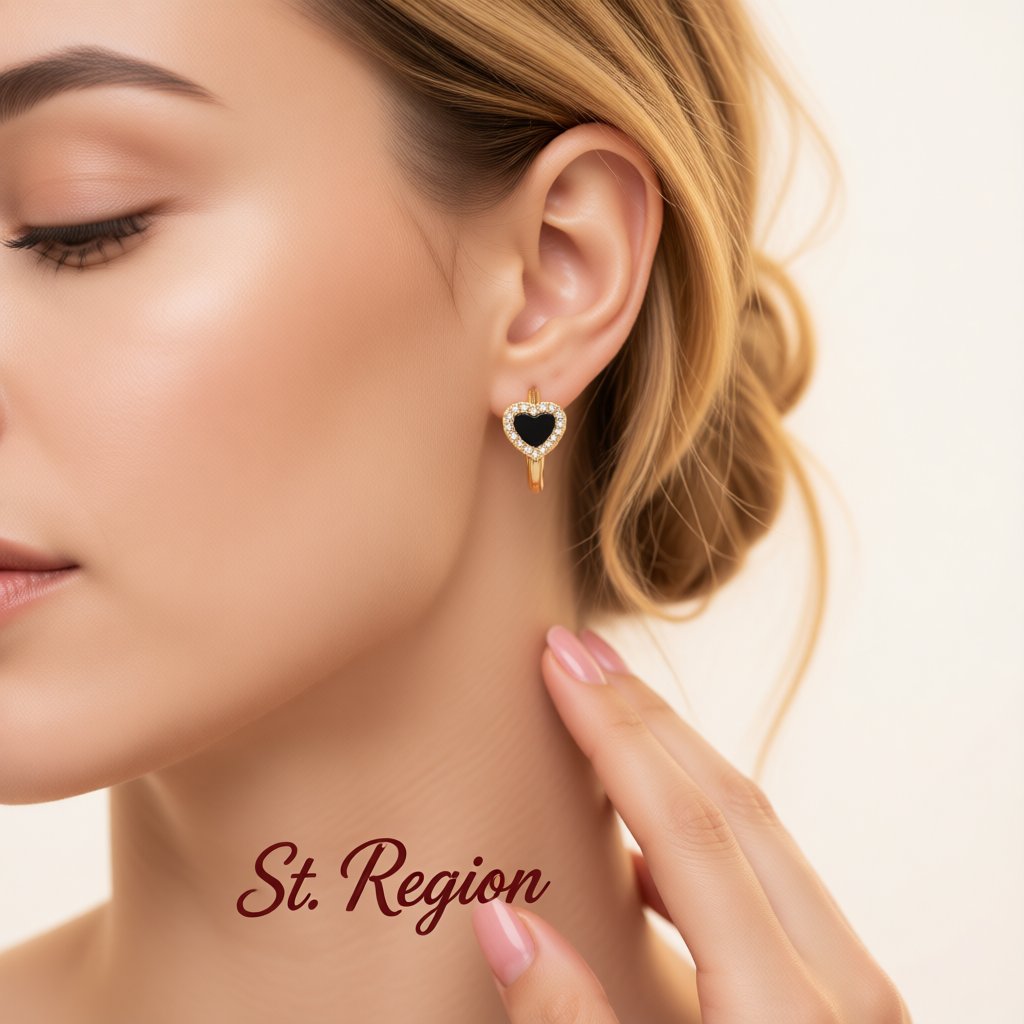 Black Acrylic and Cubic Zirconia 18K Gold-Plated Heart Halo Huggie Earrings, gold huggie earrings, styled look