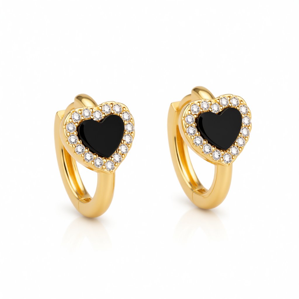 Black Acrylic and Cubic Zirconia 18K Gold-Plated Heart Halo Huggie Earrings, gold huggie earrings, side view