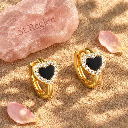 Black Acrylic and Cubic Zirconia 18K Gold-Plated Heart Halo Huggie Earrings, gold huggie earrings, detail close-up