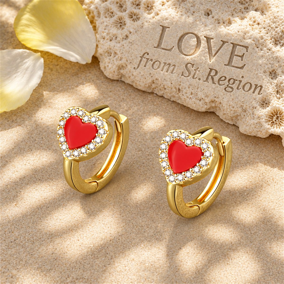 Red Shell and Cubic Zirconia Heart Huggie Earrings, stud earrings for women, elegant gift for her, lifestyle look