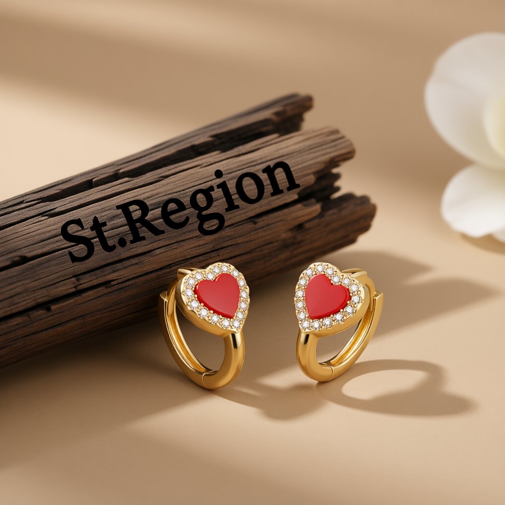 Red Shell and Cubic Zirconia Heart Huggie Earrings, stud earrings for women, elegant gift for her, front view