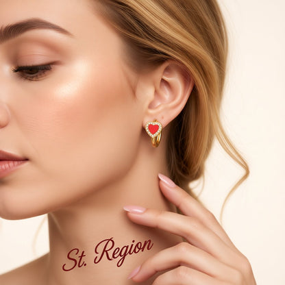 Red Shell and Cubic Zirconia Heart Huggie Earrings, stud earrings for women, elegant gift for her, styled look