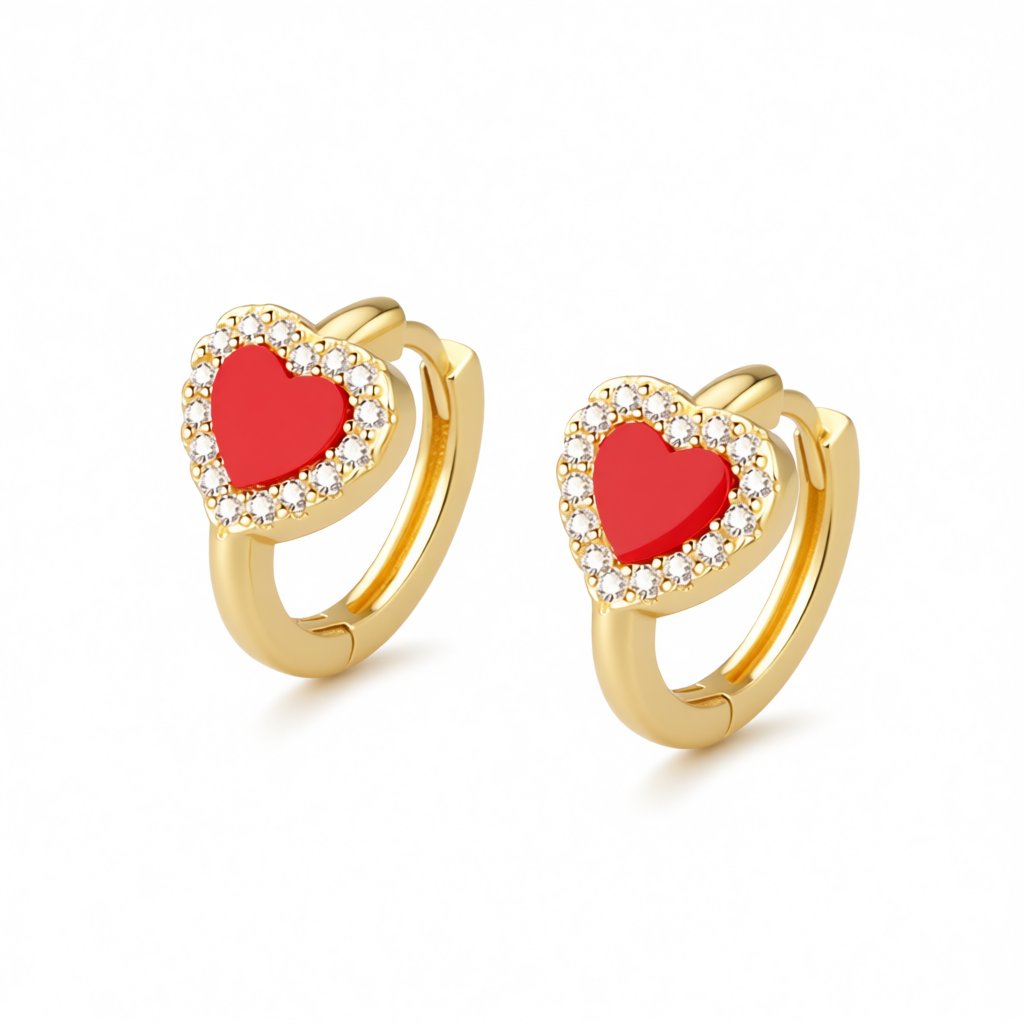 Red Shell and Cubic Zirconia Heart Huggie Earrings, stud earrings for women, elegant gift for her, side view