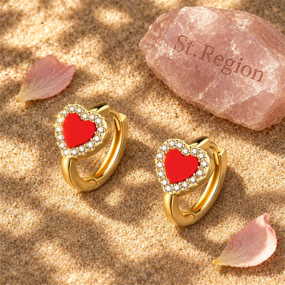 Red Shell and Cubic Zirconia Heart Huggie Earrings, stud earrings for women, elegant gift for her, detail close-up