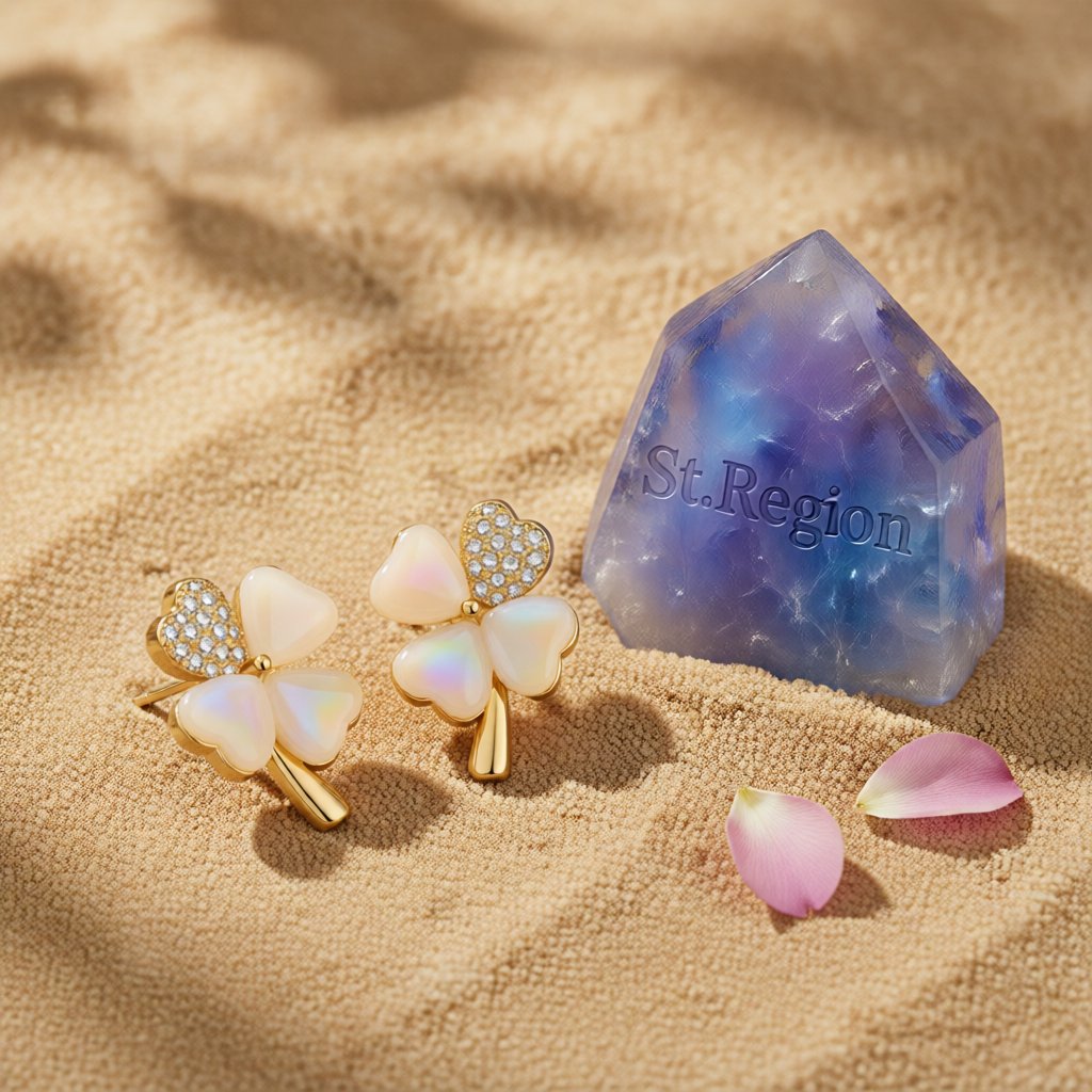 Cats Eye & Cubic Zirconia Heart Clover Stud Earrings
