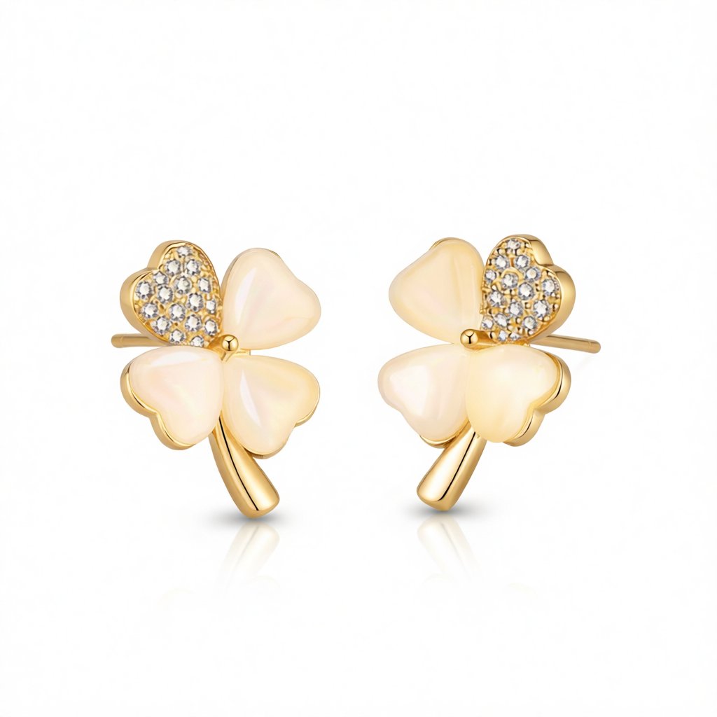 Cats Eye & Cubic Zirconia Heart Clover Stud Earrings