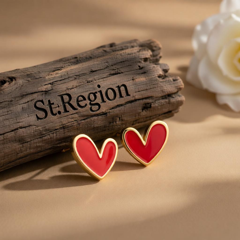 Red Enamel and 18K Gold-Plated Heart Stud Earrings, cubic zirconia stud earrings for women, front view
