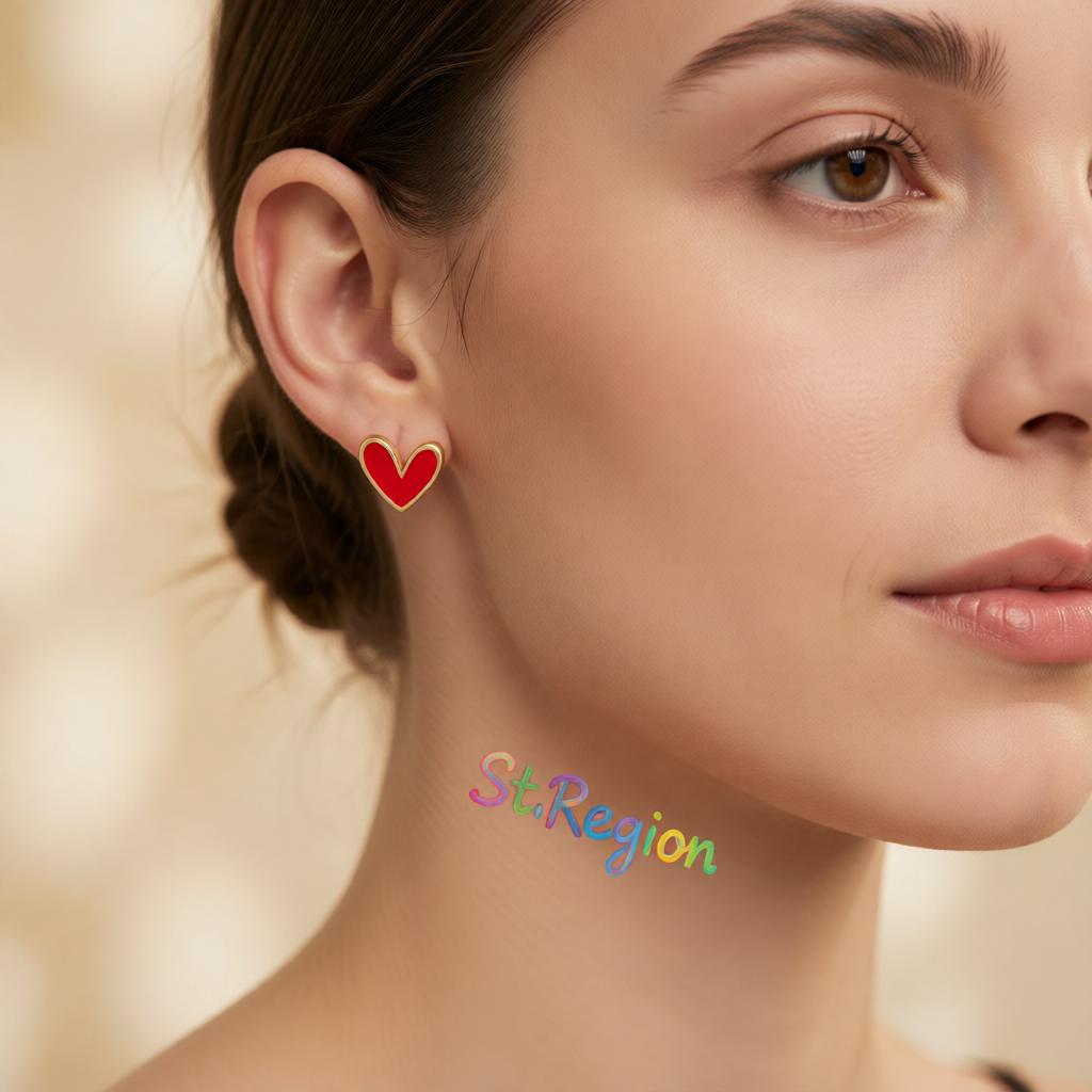 Red Enamel and 18K Gold-Plated Heart Stud Earrings, cubic zirconia stud earrings for women, styled look
