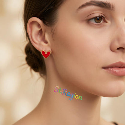 Red Enamel and 18K Gold-Plated Heart Stud Earrings, cubic zirconia stud earrings for women, styled look