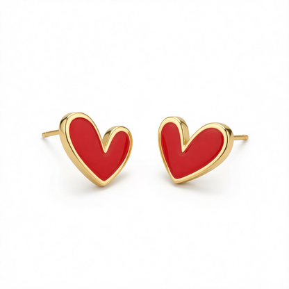 Red Enamel & 18K Gold-Plated Heart Stud Earrings