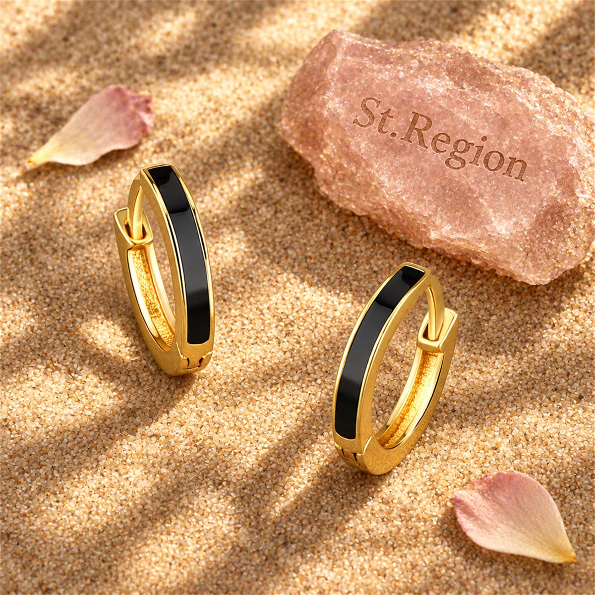 Black Enamel and 18K Gold-Plated Huggie Earrings, gold huggie earrings, everyday style, detail close-up