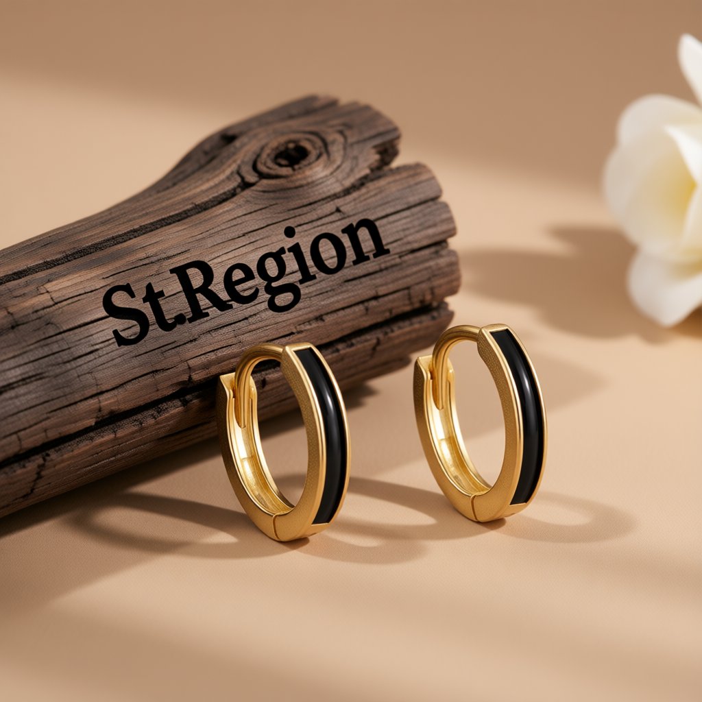 Black Enamel and 18K Gold-Plated Huggie Earrings, gold huggie earrings, everyday style, front view